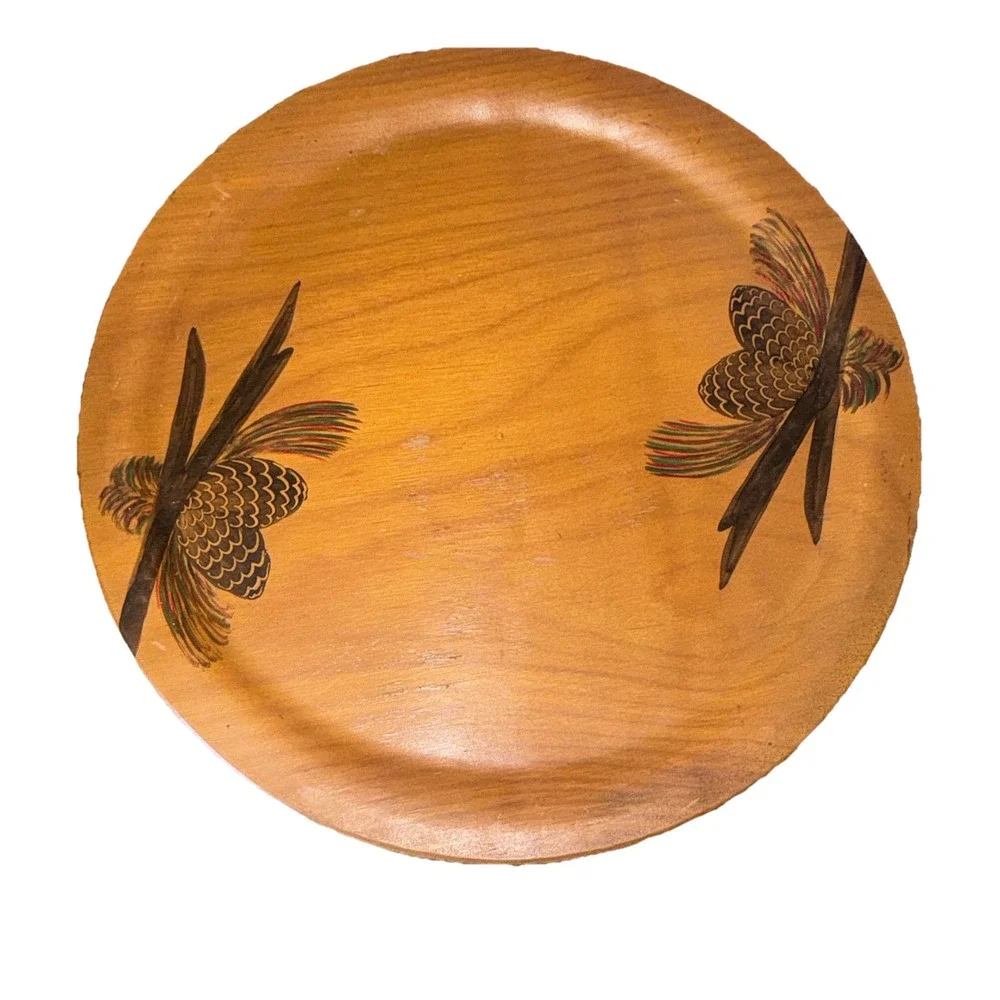 Vtg Wooden Platter Plate Pinecones Round Countrycore Cabincore Rustic 12